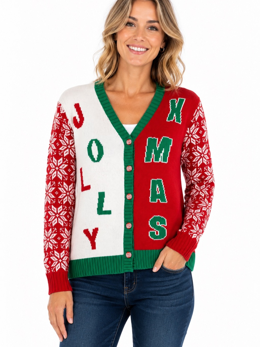 LUBOT Christmas Sweater Cardigan Medium Holly & Xmas Graphic Festive Holiday